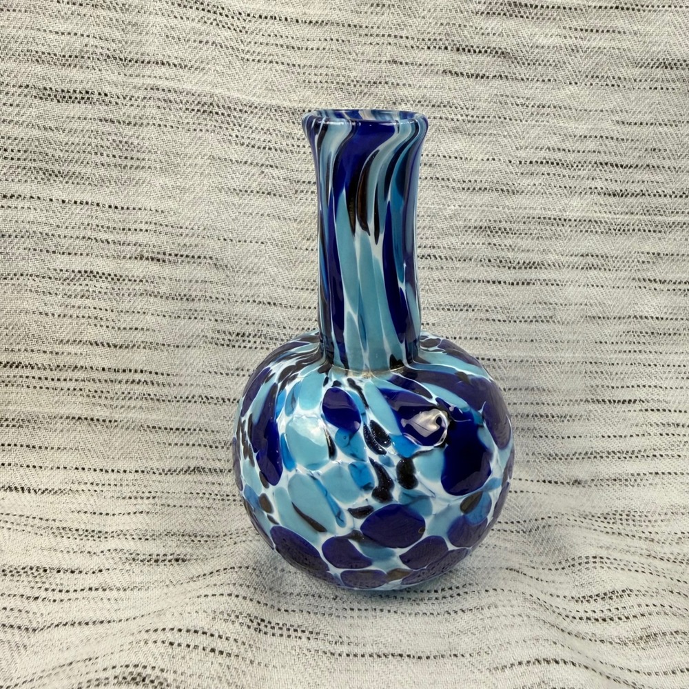 Handblown Glass Bud Vase Blue Speckled Mottled Design 5.5" Boho Art Glass‎ Decor